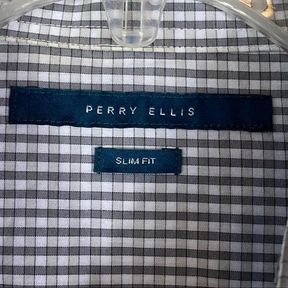 Perry Ellis Slim Fit Grey & White Checkered Plaid Long Sleeve Button Up Shirt - Picture 3 of 5